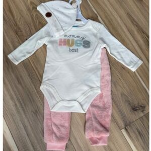 Bon Bebe Baby Girl 6-9 Months Hugs Best Outfit Set White Bodysuit Pink Pants Hat